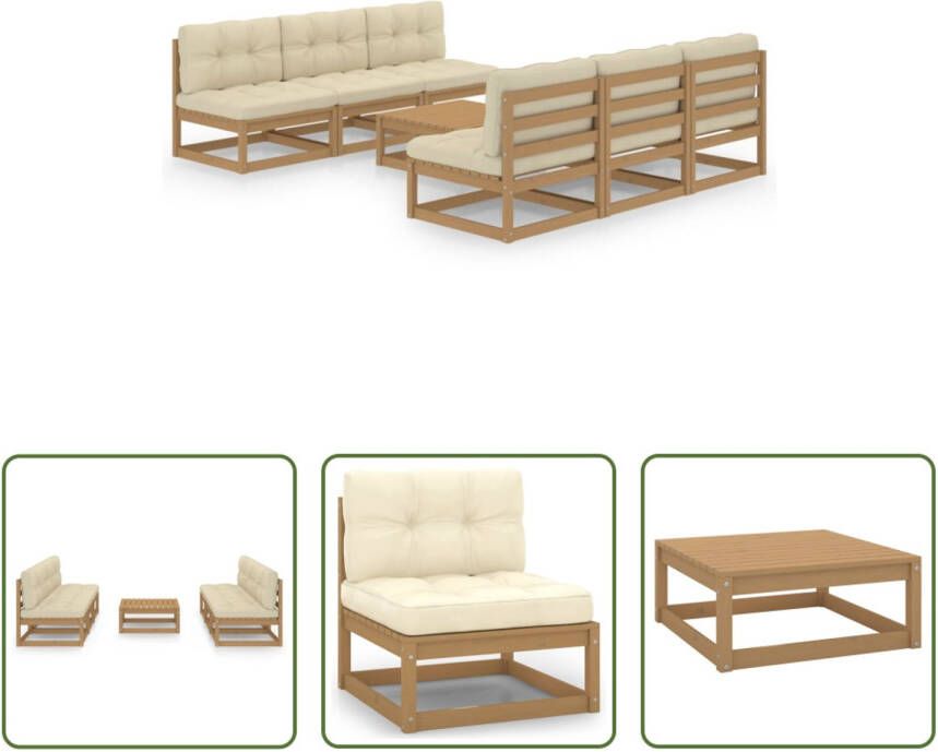 The Living Store Loungeset Grenenhout 6x Middenbank Tafel 6x Zitkussen 6x Rugkussen Honingbruin Crème