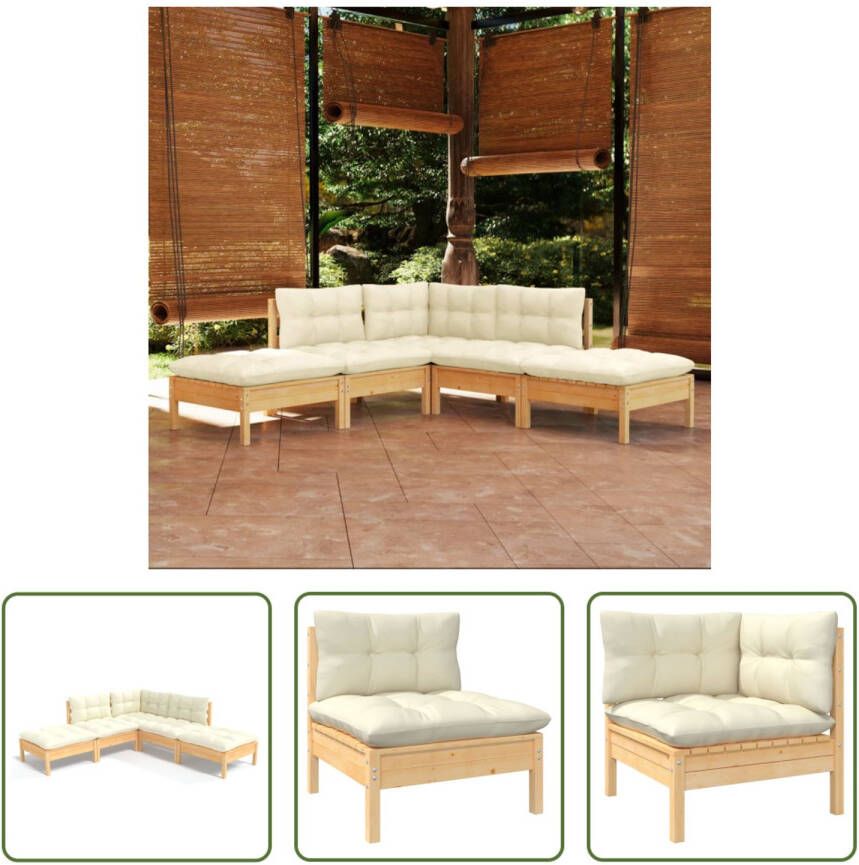 The Living Store Loungeset Grenenhout Crème Hoekbank 2 middenbanken 2 voetenbanken 5 zitkussens 4 rug zijkussens