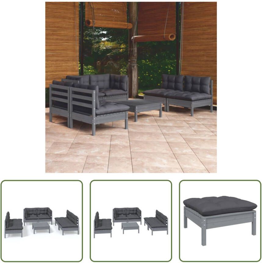 The Living Store Loungeset Grenenhout Grijs 63.5 x 63.5 x 62.5 cm Inclusief kussens