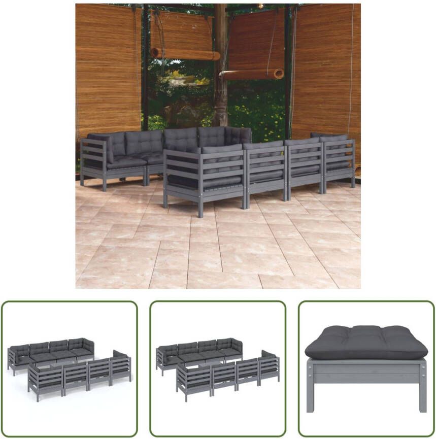 The Living Store Loungeset Grenenhout Grijs 63.5x63.5x62.5 cm Met kussens