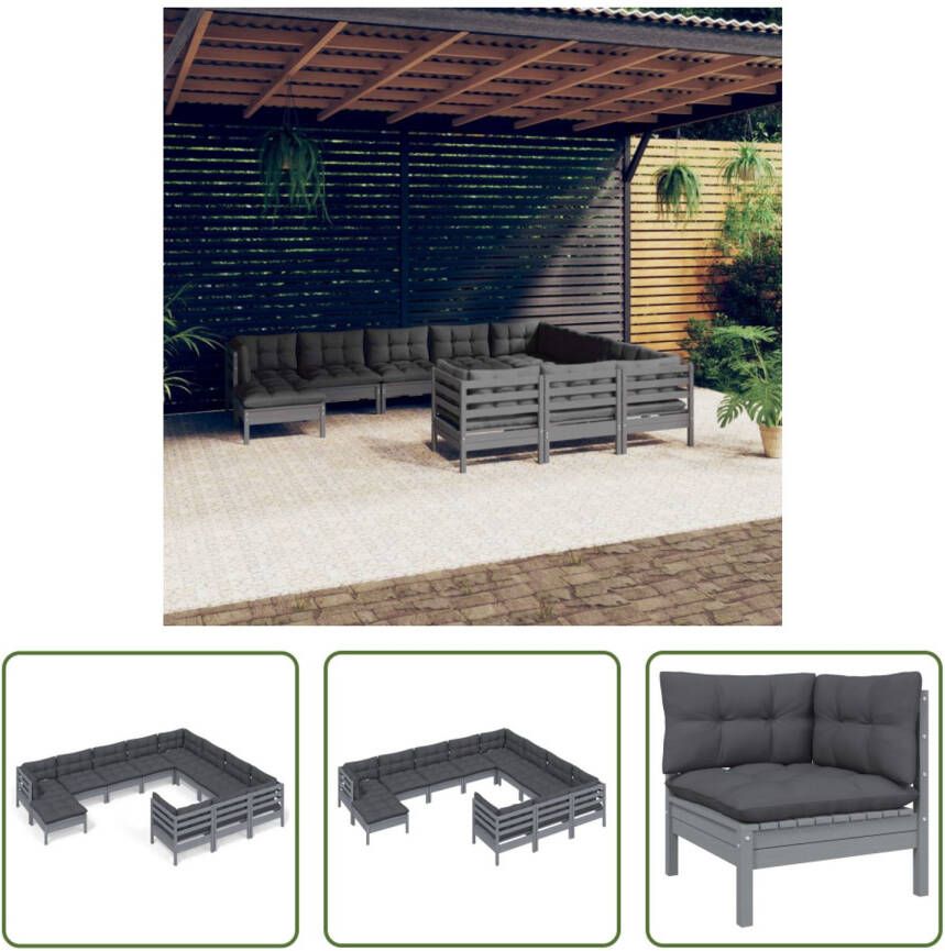 The Living Store Loungeset Grenenhout Grijs 63.5x63.5x62.5cm Inclusief Kussens