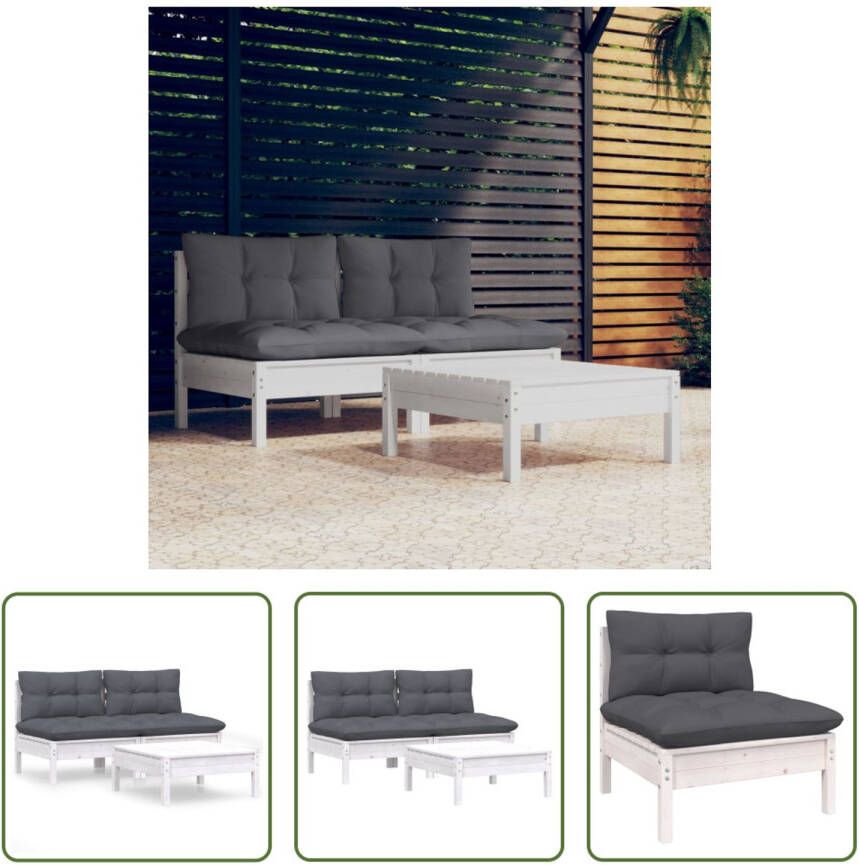 The Living Store Loungeset Grenenhout Middenbank 63.5x63.5x62.5cm Voetenbank Tafel 63.5x63.5x28.5cm Wit-Antraciet