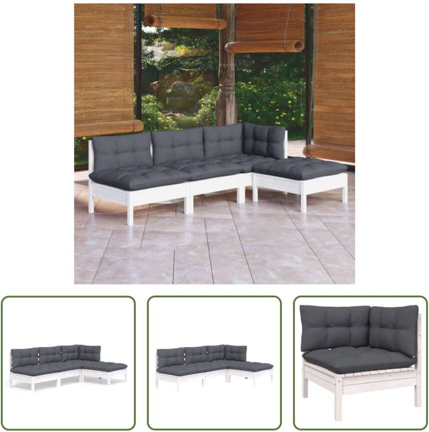 The Living Store Loungeset Grenenhout Wit Antraciet 63.5 x 63.5 x 62.5 cm incl kussens Montage vereist