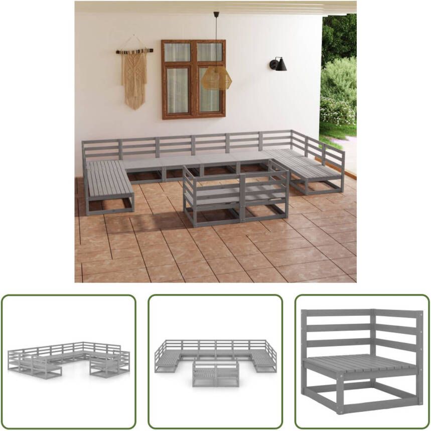 The Living Store Loungeset Grijs 8x Middenbank + 4x Hoekbank Massief Grenenhout 70x70x67cm