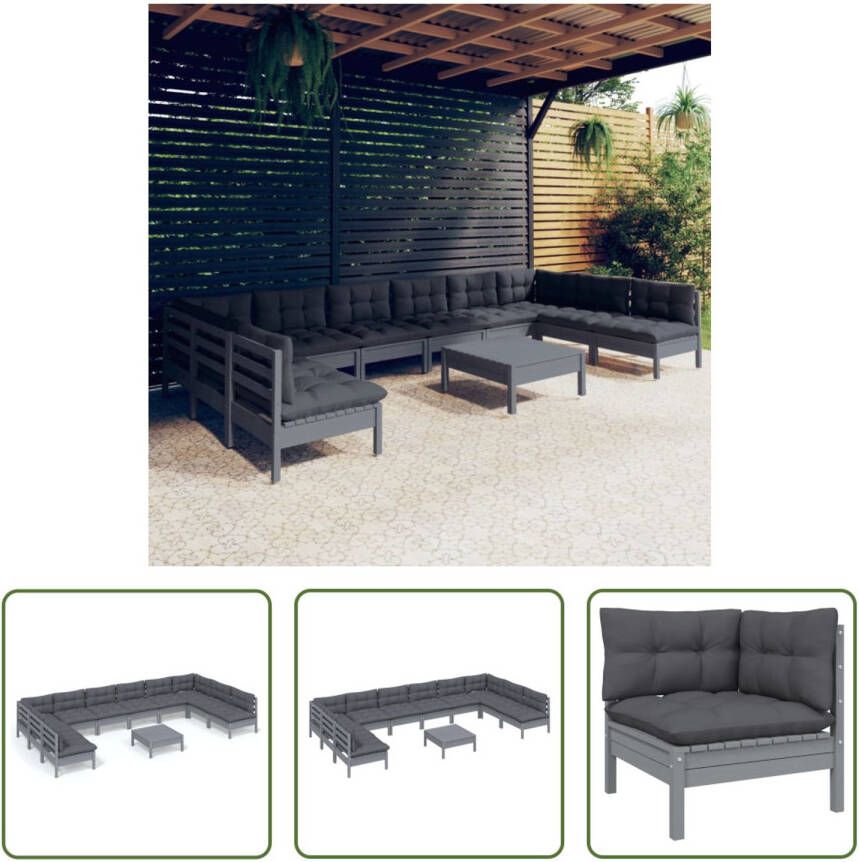 The Living Store Loungeset Massief Grenenhout Grijs 63.5x63.5x62.5 cm Inclusief kussens