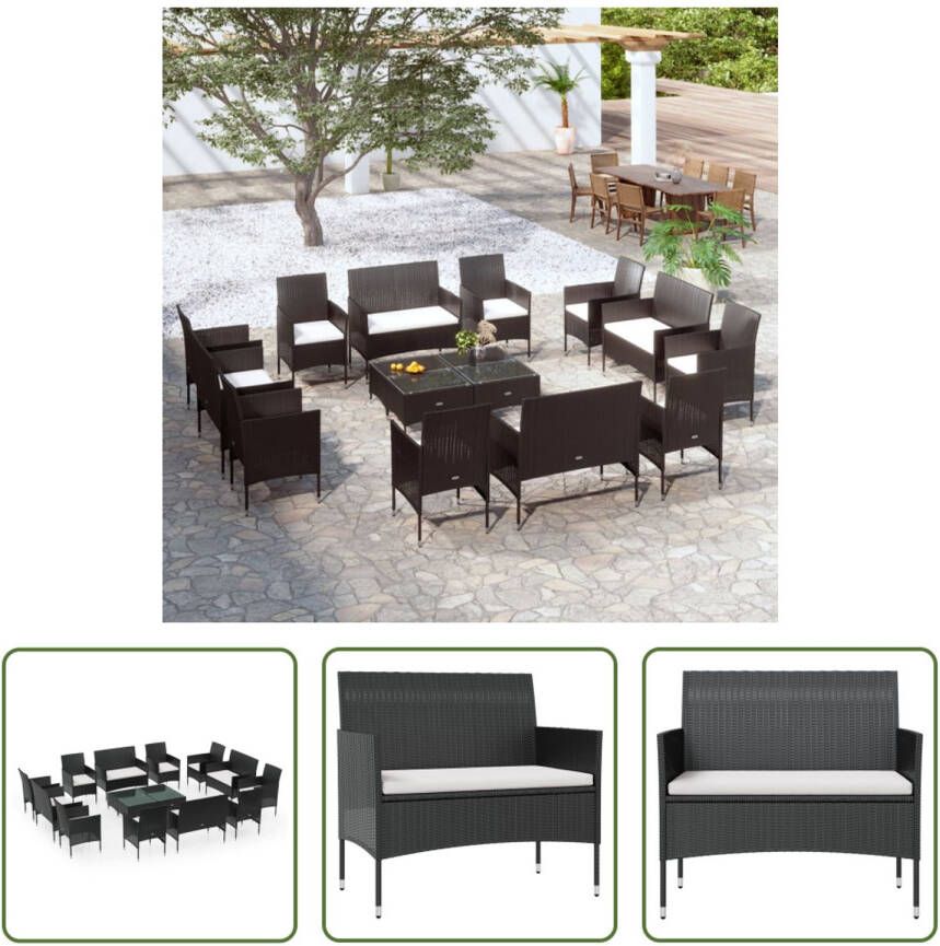 The Living Store Loungeset Poly Rattan 2-zitsbank Armstoel Tafel 98x58x84cm Zwart Crèmewit