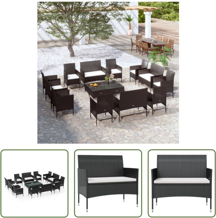 The Living Store Loungeset Poly Rattan 2-zitsbank Armstoel Tafel 98x58x84cm Zwart Crèmewit