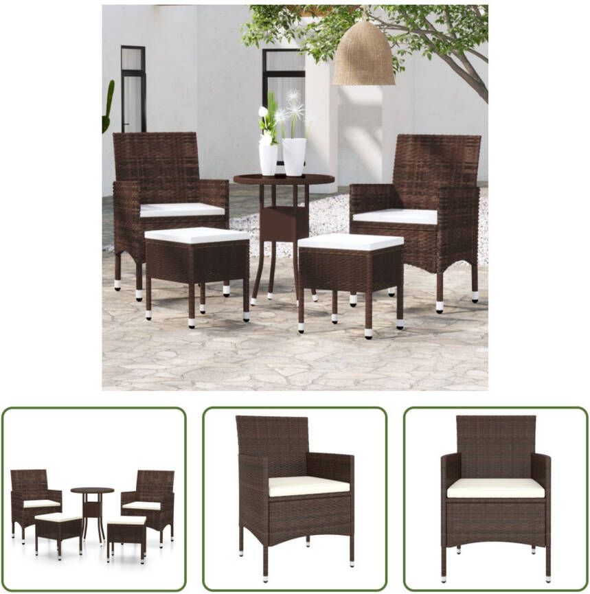 The Living Store Loungeset Poly Rattan Bruin 60 x 75 cm Gehard glas Dik gevoerd kussen Montage vereist 1 tafel 2 stoelen 2 voetenbanken 4 zitkussens