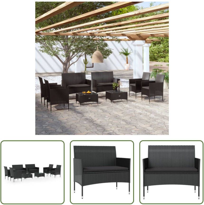 The Living Store Loungeset Poly Rattan Zwart 2-zitsbank Armstoel Tafel 100% Polyester Kussen Montage vereist Levering bevat 2x tweezitsbank 4x armstoel 2x tafel 6x zitkussen