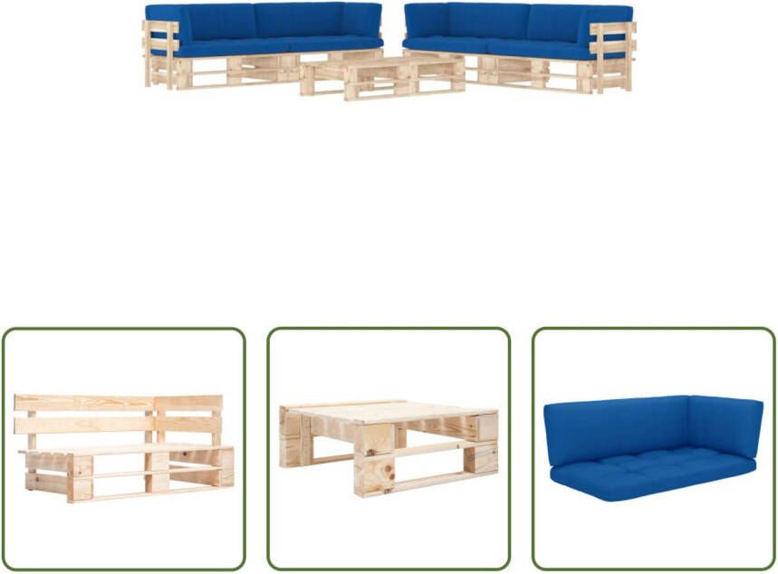 The Living Store Pallet loungeset Tuinmeubelset Geïmpregneerd grenenhout Koningsblauwe kussens