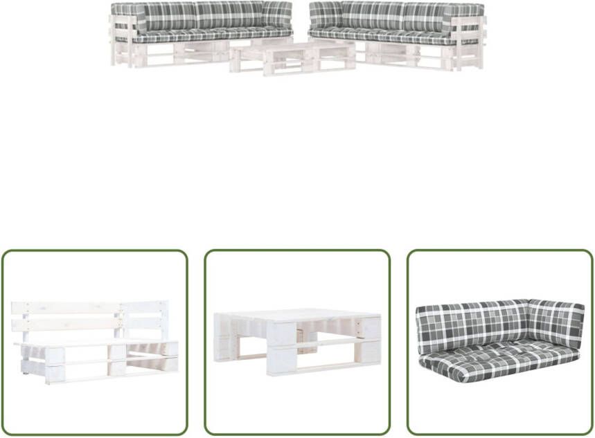 The Living Store Pallet Loungeset Tuinmeubelset van geïmpregneerd grenenhout 110x65x55 cm Grijs geruit kussen