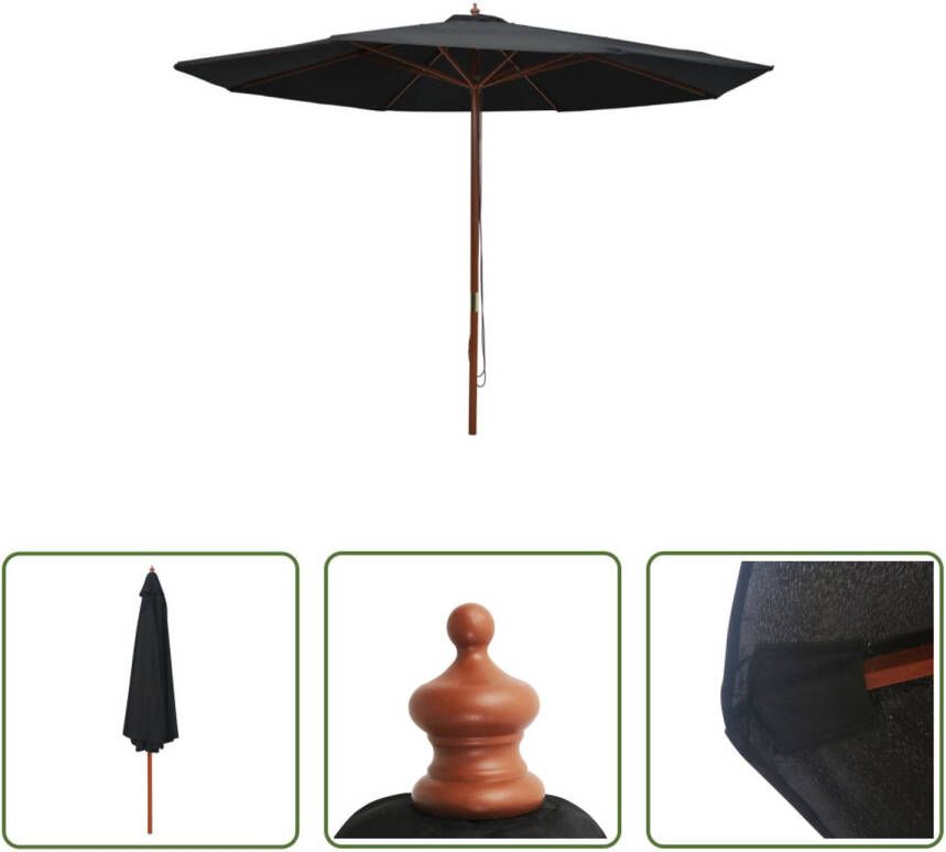 The Living Store Parasol 350x256 cm Zwart Bamboe en Hardhout UV-beschermend Polyester