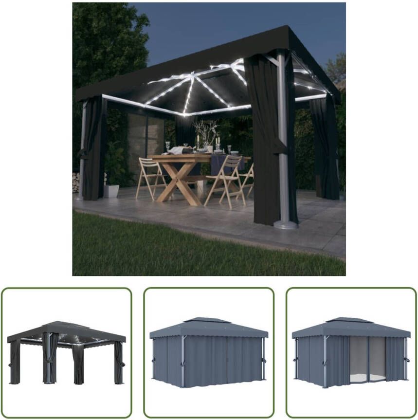 The Living Store Prieel Aluminium 4 x 3 m Antraciet Inclusief Gordijnen en Horren