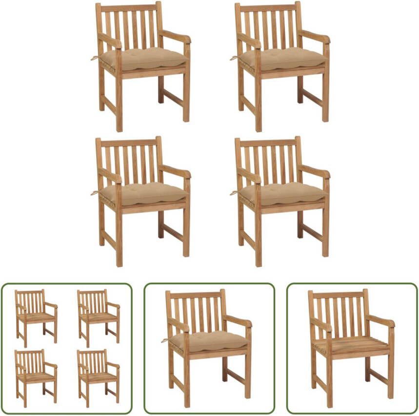 The Living Store Teakhouten tuinstoelenset 58 x 60 x 90 cm Rustiek en praktisch ontwerp Duurzaam teakhout Geschikt voor buiten 4 stoelen met kussens