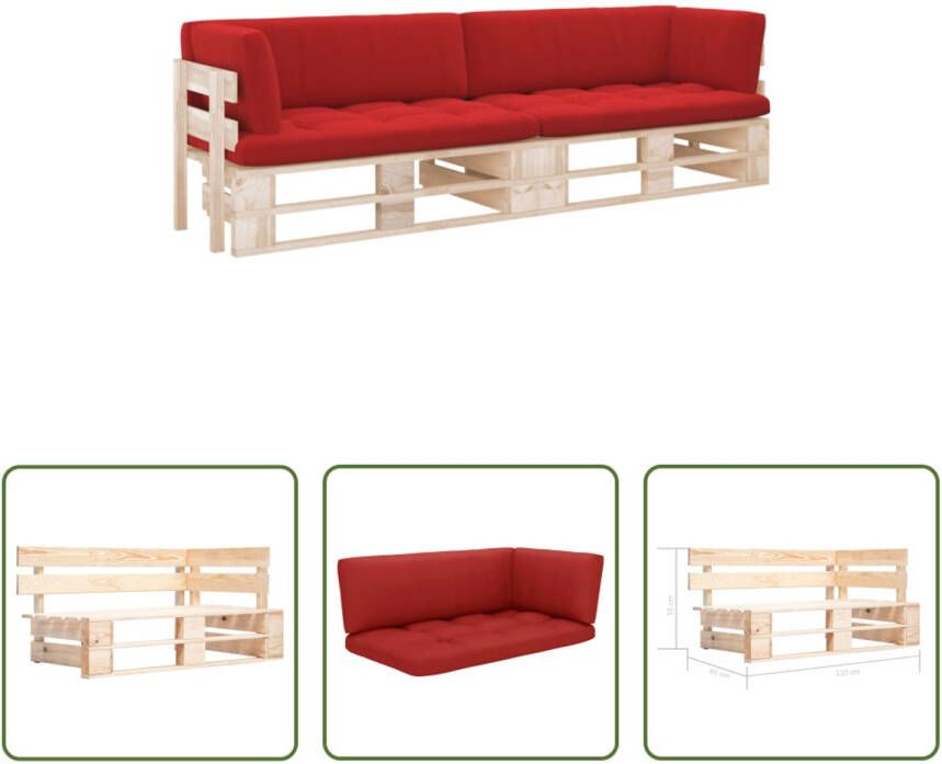 The Living Store Tuinbank Pallet 110 x 65 x 55 cm Grenenhout Rood Kussen