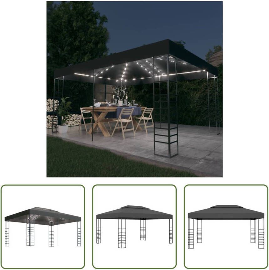 The Living Store Tuinpaviljoen Antraciet 3 x 4 x 2.7 m Stof met PA-coating en Stalen Frame Ventilerende Luifel Inclusief Lichtslinger Zonne-energie Eenvoudige Montage