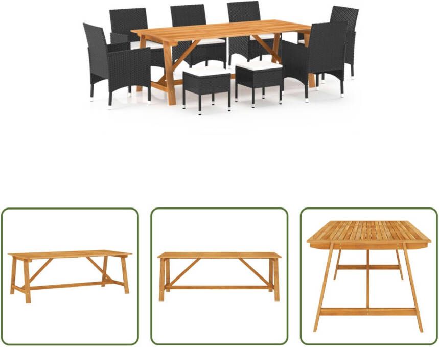 The Living Store Tuinset Acaciahout 206 x 100 x 74 cm Zwart PE rattan Crèmewit kussen Montage vereist 1 tafel 6 stoelen 2 voetenbanken 8 kussens