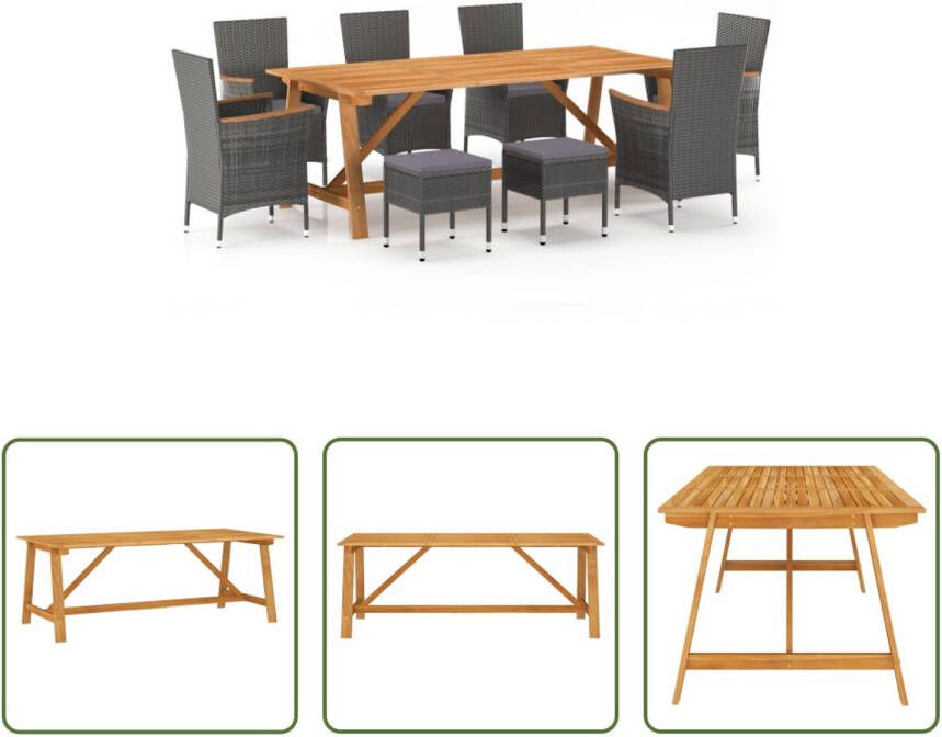 The Living Store tuinset acaciahout grijs 206 x 100 x 74 cm weerbestendig PE-rattan comfortabele kussens 6 stoelen 2 voetenbanken montageset 150 karakter