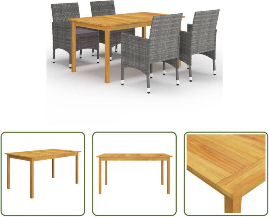 The Living Store Tuinset Acaciahouten eettafel Gepoedercoat stalen stoelen Grijs rattan 150x90x74 cm