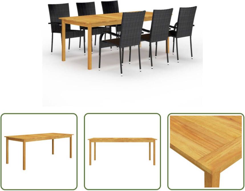 The Living Store Tuinset Acaciahouten Eettafel PE Rattan Eetstoelen Zwart 200x90x74cm Montage vereist 1 tafel 6 stoelen