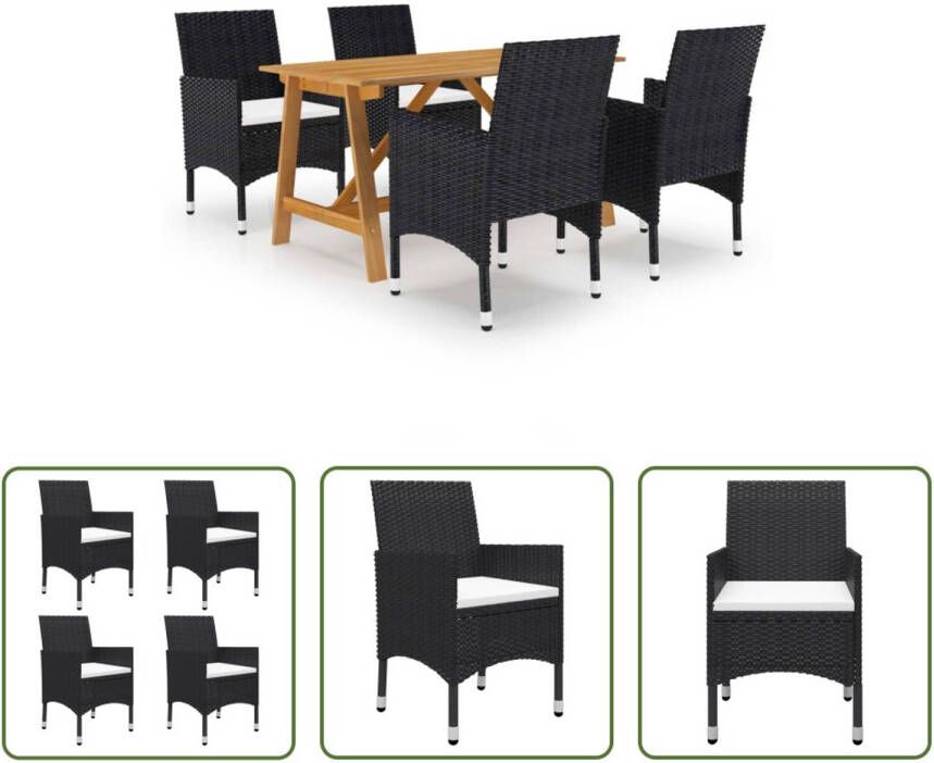 The Living Store Tuinset Acaciahouten Eettafel PE Rattan Stoelen 140x70x73.5 cm Zwart Crèmewit Ergonomisch