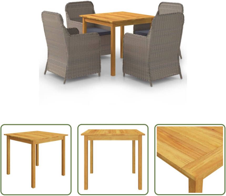 The Living Store Tuinset Acaciahouten Eettafel PE Rattan Stoelen 85x85x74 cm Bruin Donkergrijs