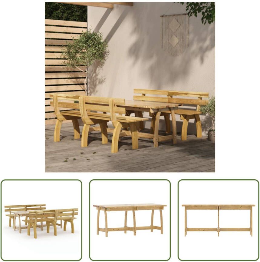 The Living Store Tuinset Grenenhout Groen geïmpregneerd 160 x 74 x 75 cm (L x B x H) 28 mm dikte lat 2 x 160 x 60 x 86 cm (B x D x H) bankjes 45.5 cm zithoogte 40 cm rugleuninghoogte Corrosiebestendig Montage vereist