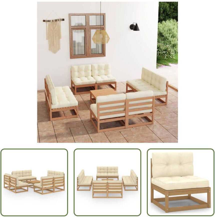 The Living Store Tuinset Grenenhout Honingbruin 8x Middenbank 1x Tafel 8x Zitkussen 8x Rugkussen