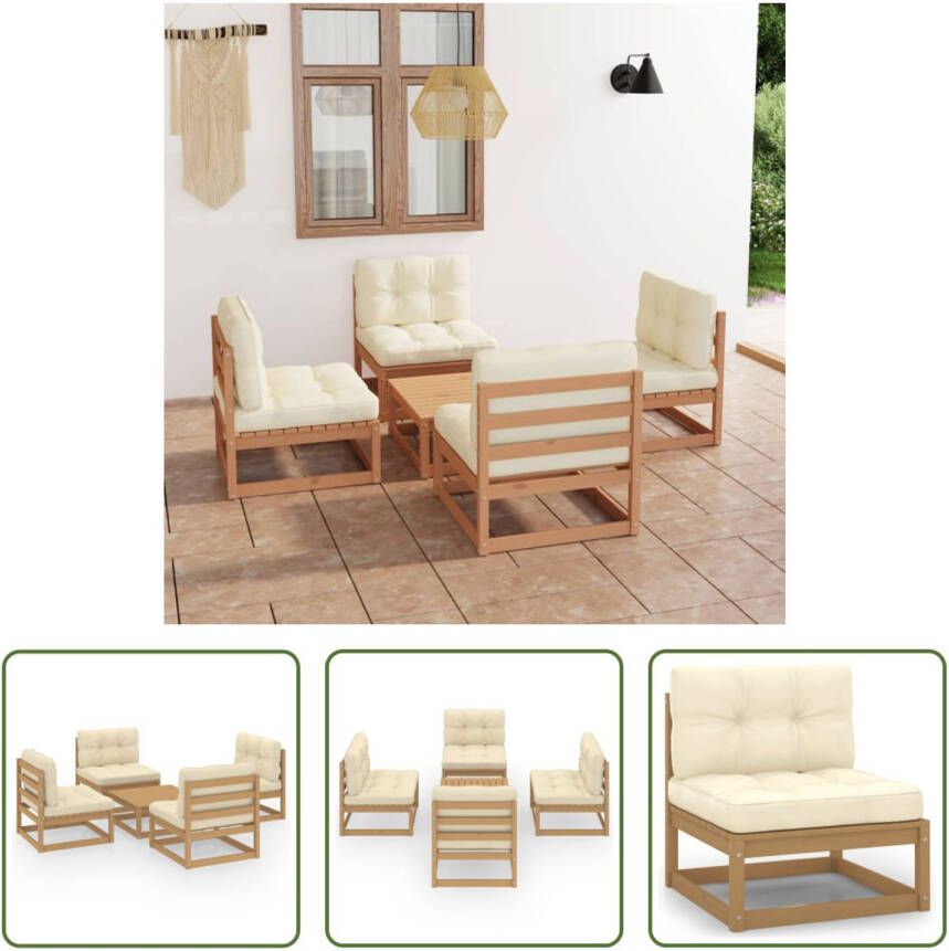 The Living Store Tuinset Massief Grenenhout Honingbruin 5-delig 70x70x67cm Inclusief Kussens