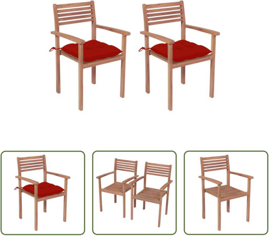 The Living Store Tuinstoel Hout Stof kussen 56x51x90cm Rood Set van 2