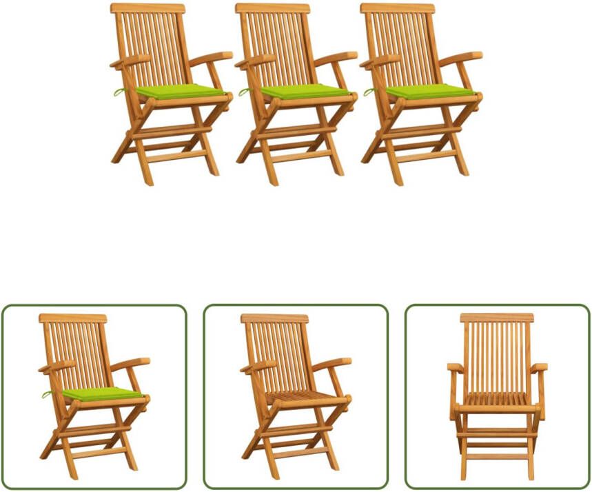 The Living Store Tuinstoelenset Hout 3 stoelen 55x60x89 cm Inklapbaar Helder groen kussen