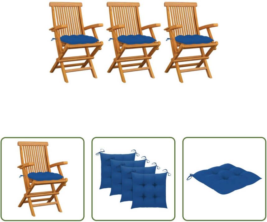 The Living Store Tuinstoelenset Teakhout 3 stoelen 55x60x89 cm Blauw kussen