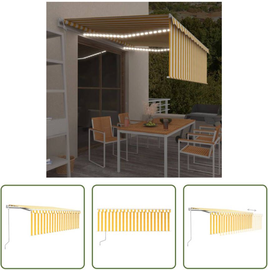 The Living Store Uitschuifbare luifel 400 x 300 cm UV- en waterbestendig Windsensor LED-verlichting Geel en wit 100% polyester