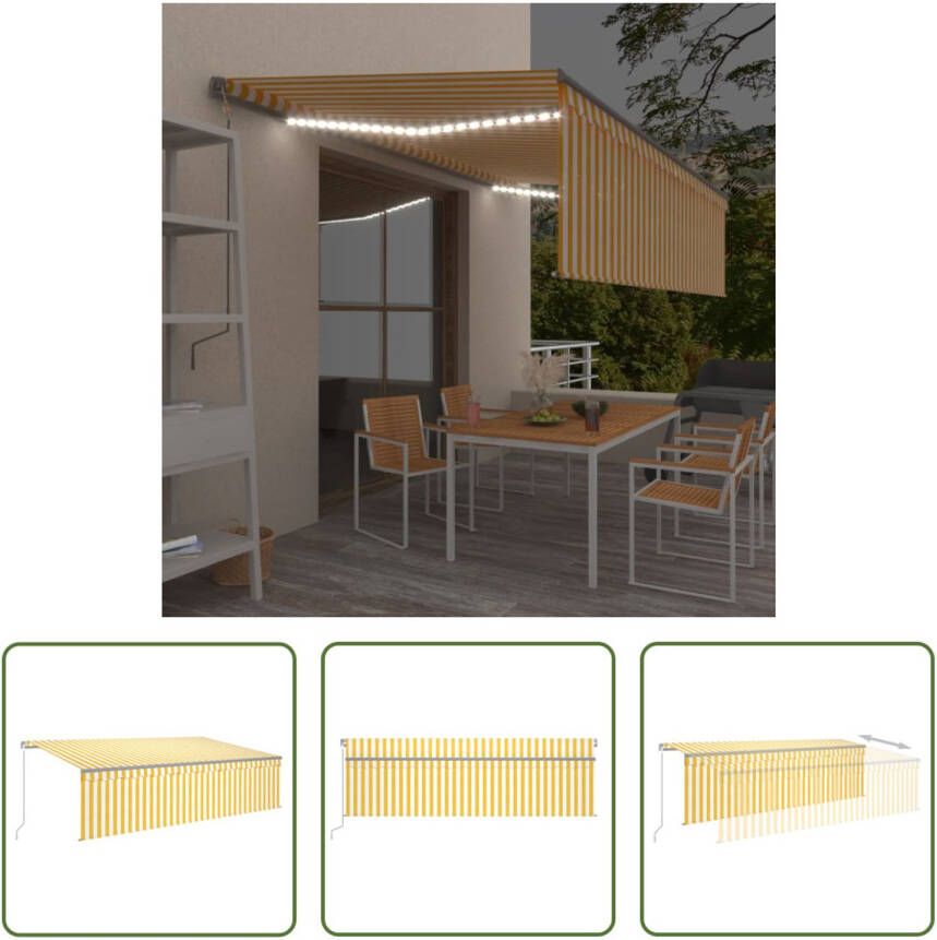 The Living Store Uitschuifbare Luifel 5 x 3 m Geel en wit Aluminium frame Polyesterstof Solar LEDs