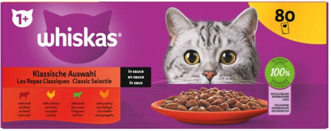 Whiskas 1+ Kattenvoer Classic Selectie In Saus Natvoer Maaltijdzakjes 80 X 85 Gr