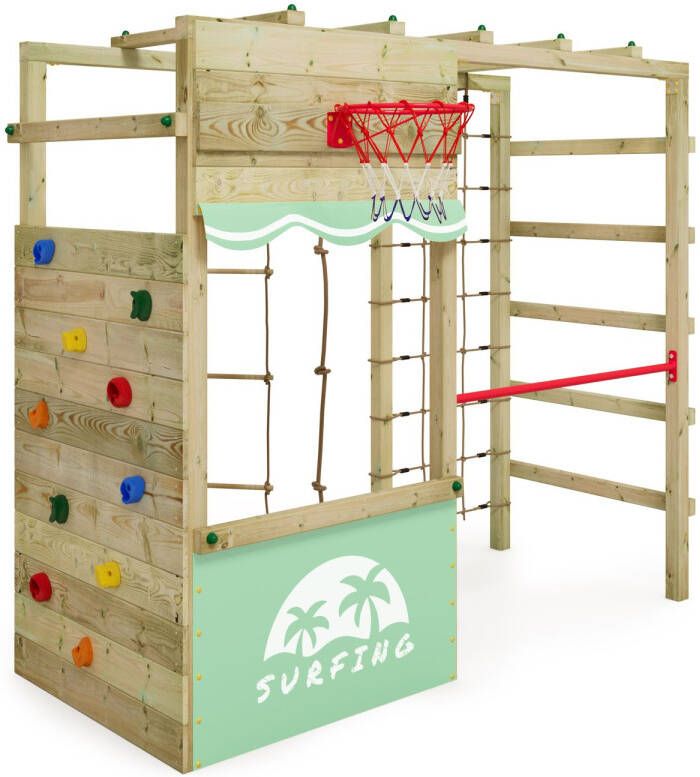 Wickey klimtoestel outdoor speeltoestel Smart Action met pastelblauw zeil speeltoestel met klimwand basketbalring & speelaccessoires voor kinderen in de tuin van hout