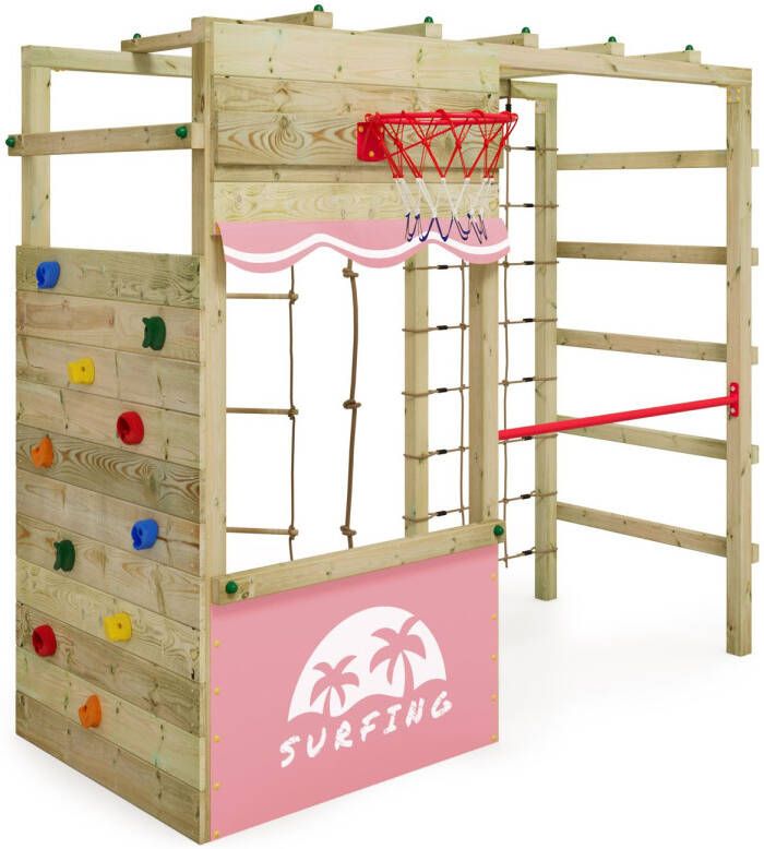 Wickey klimtoestel outdoor speeltoestel Smart Action met pastelroze zeil speeltoestel met klimwand basketbalring & speelaccessoires voor kinderen in de tuin van hout