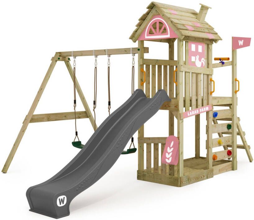 Wickey speeltoestel klimtoestel FarmFlyer met schommel pastelroze zeil & antracietkleurige glijbaan outdoor klimtoren voor kinderen met zandbak ladder & speelaccessoires voor de tuin