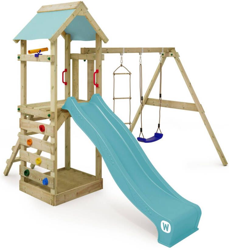 Wickey speeltoestel klimtoestel FreeFlyer met schommel en pastelblauwe glijbaan outdoor speeltoestel voor kinderen met zandbak ladder en speelaccessoires voor de tuin