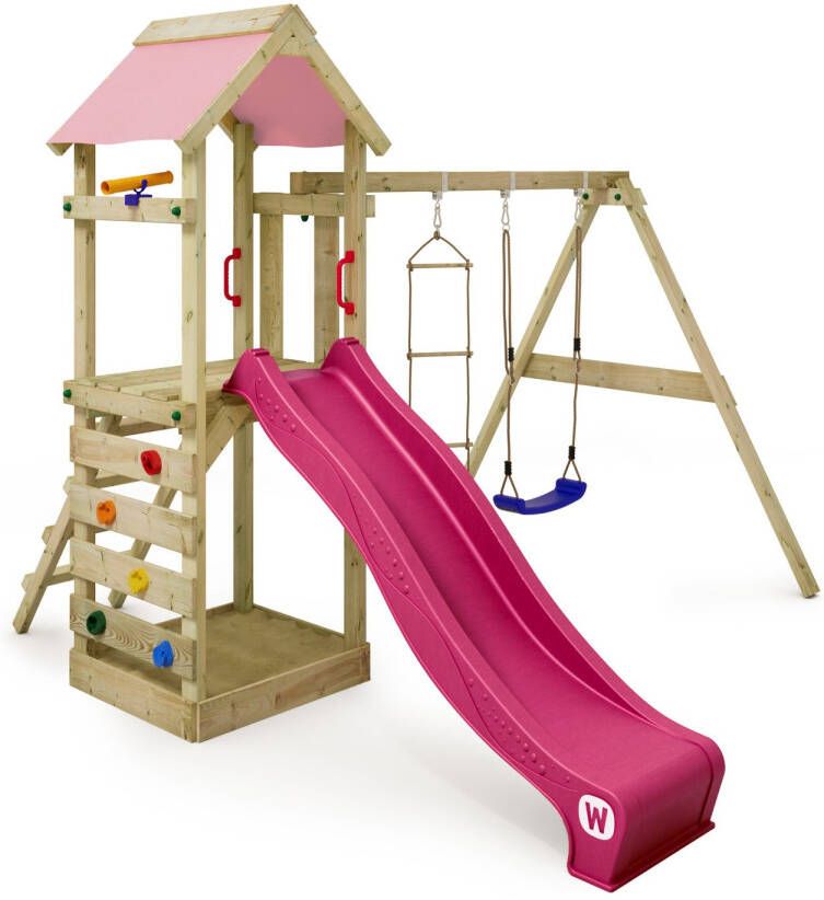 Wickey speeltoestel klimtoestel FreeFlyer met schommel en pastelroze glijbaan outdoor speeltoestel voor kinderen met zandbak ladder en speelaccessoires voor de tuin