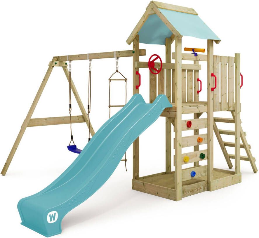 Wickey speeltoestel klimtoestel MultiFlyer met schommel en pastelblauwe glijbaan outdoor kinderspeeltoestel met zandbak ladder & speelaccessoires voor de tuin