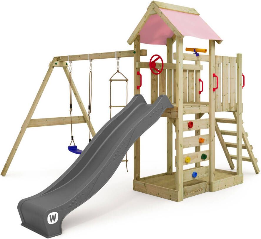 Wickey speeltoestel klimtoestel MultiFlyer met schommel en pastelroze glijbaan outdoor kinderspeeltoestel met zandbak ladder & speelaccessoires voor de tuin