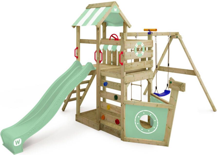 Wickey speeltoestel klimtoestel SeaFlyer met schommel & pastelgroene glijbaan outdoor klimtoren voor kinderen met zandbak ladder & speelaccessoires voor de tuin