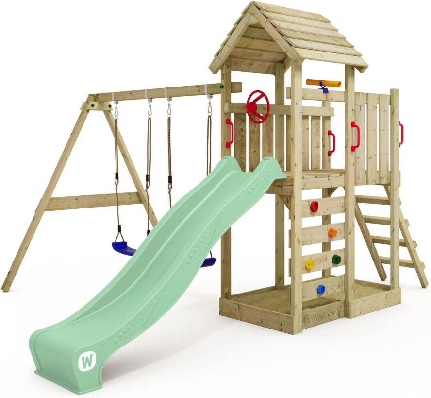 Wickey speeltoestel klimtoestel MultiFlyer met houten dak schommel & pastelgroene glijbaan outdoor klimtoren voor kinderen met zandbak ladder & speel-accessoires voor de tuin