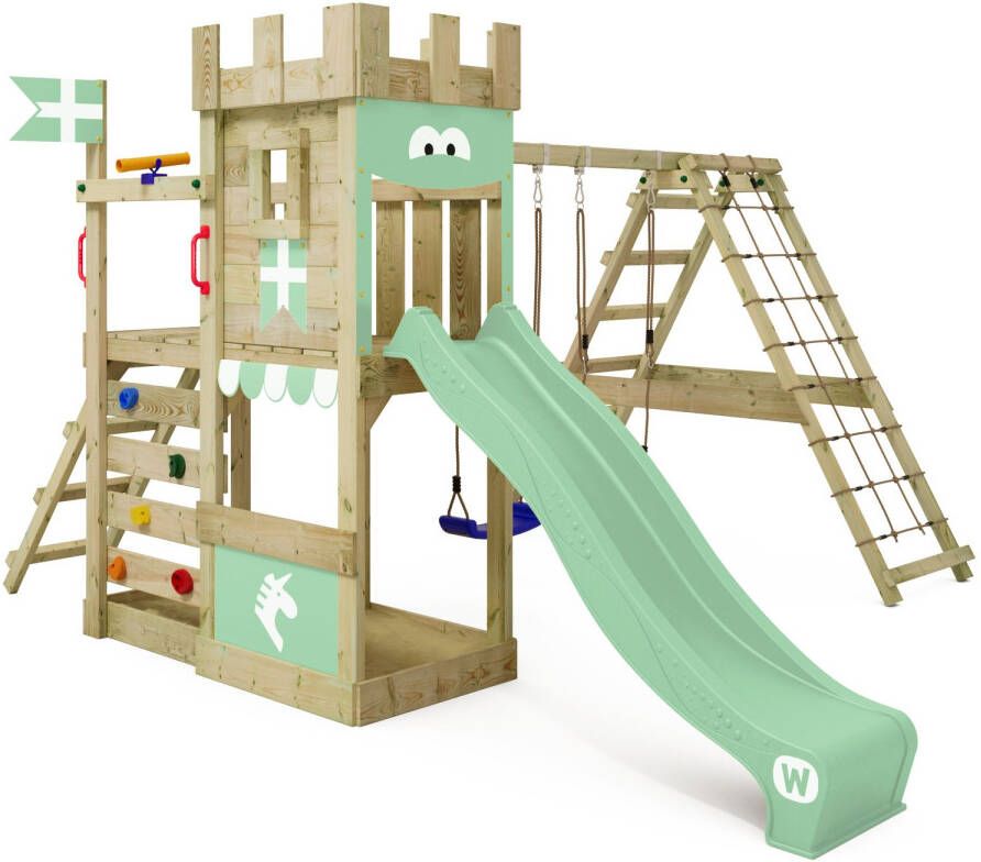 Wickey speeltoestel ridderkasteel DragonFlyer met schommel & pastelgroene glijbaan outdoor kinderklimtoren met zandbak ladder & speelaccessoires voor de tuin