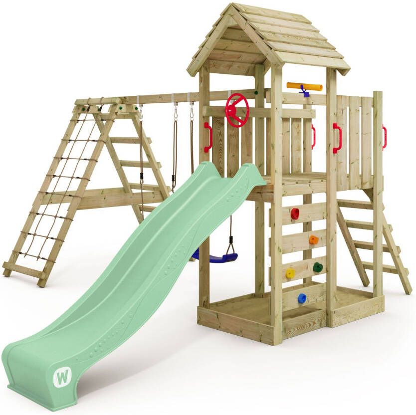 Wickey speeltoestel RocketFlyer met schommel & pastelgroene glijbaan outdoor kinderklimtoren met zandbak ladder & speelaccessoires voor de tuin