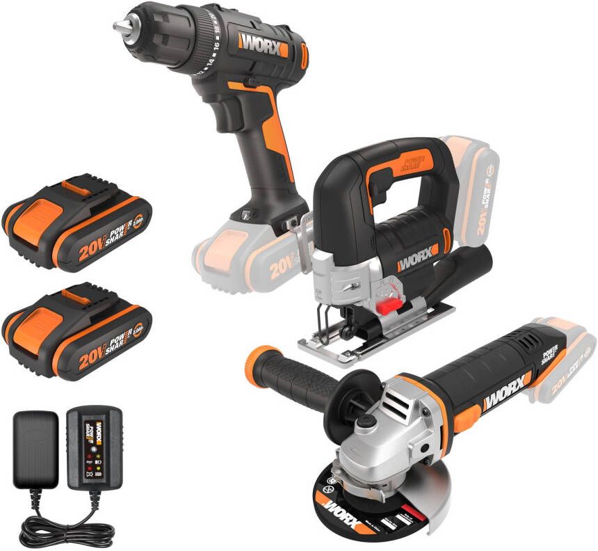 Worx Boormachine Decoupeerzaag En Haakseslijper Set Wx955 20v (2 Accu's)