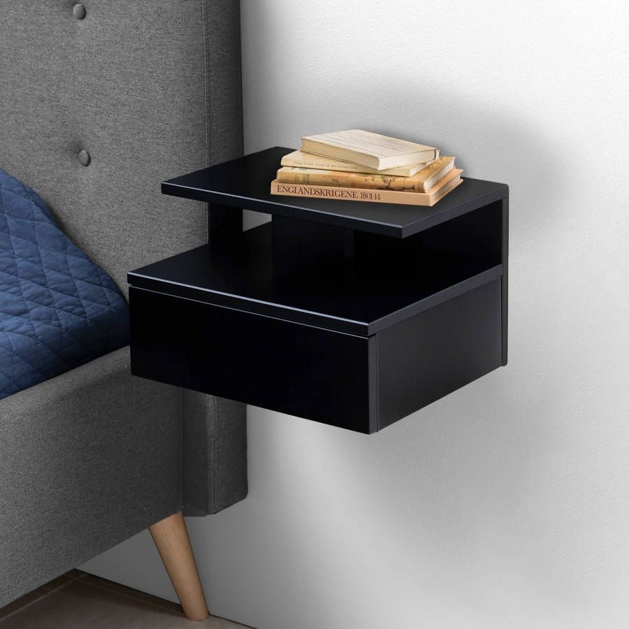 Fyn Ashley nachtkastje wandhangend met 1 plank en 1 lade zwart. - Foto 3