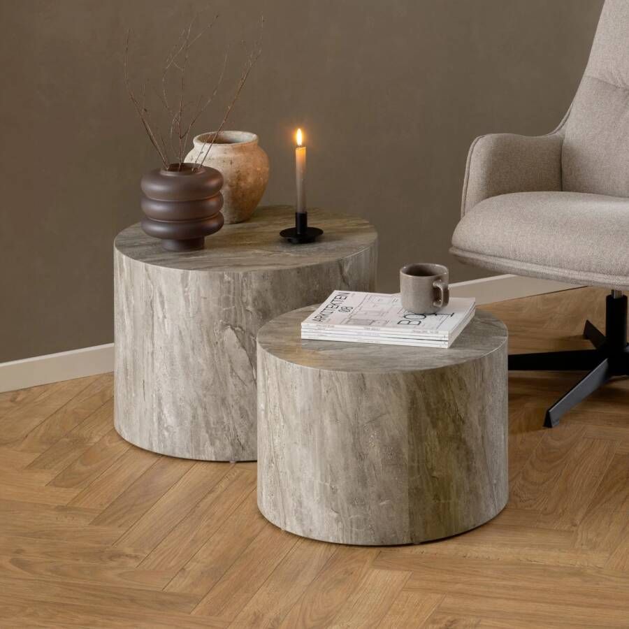 Bendt Ronde Salontafel Flavian Marmerlook Set van 2 stuks Grijs