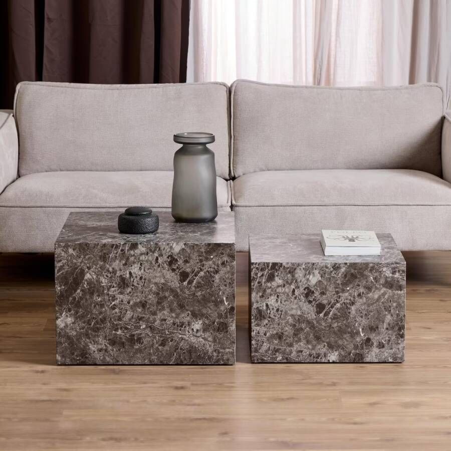 Bendt Salontafel Flavian Marmerlook Set van 2 stuks Bruin Vierkant